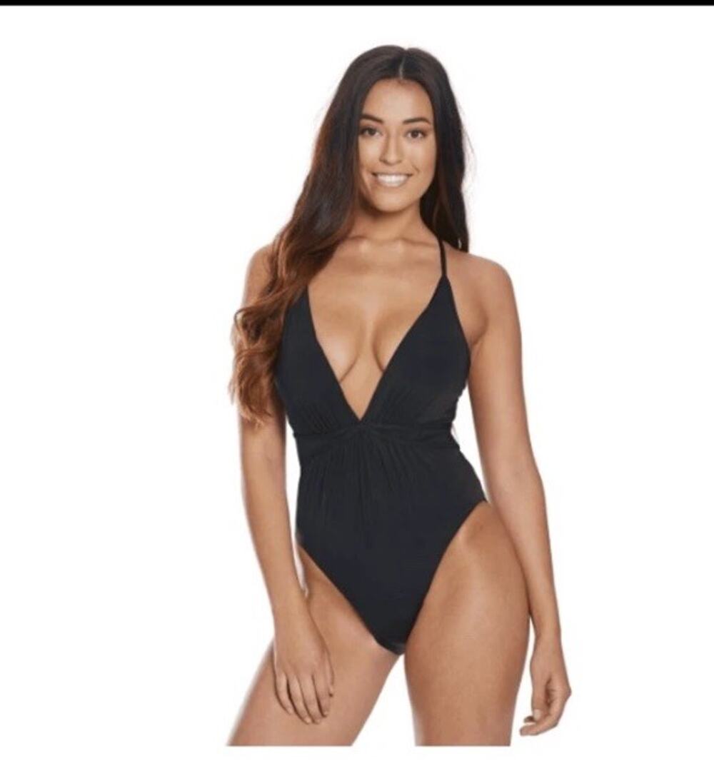 BCBG Maxazria Womens 10 One Piece Swimsuit Minimalist Plunge Black Sexy Cross